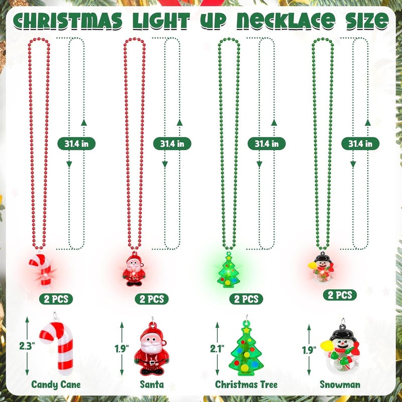 Traplace Store 8 PCS Christmas Light Up Necklaces, 4 Designs Ugly Sweater Party Supplies with LED Light Up Pendants, Xmas Party Favors, Cane Tree Snowman Santa Christmas Necklace for Holiday Celebrations - Image 2